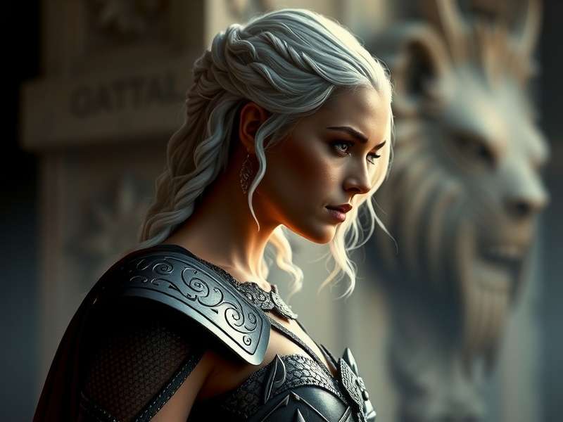 Daenerys Targaryen as Khaleesi sitting on a throne with her dragon