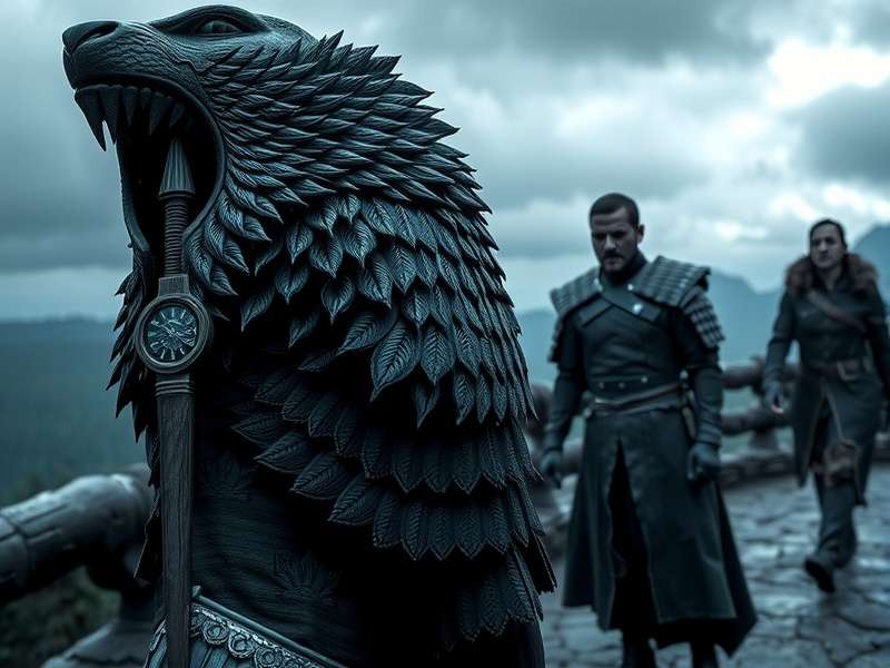 A dramatic scene from Game of Thrones featuring a crown and sword on a map