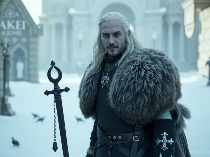 Jon Snow standing at Winterfell with Longclaw sword