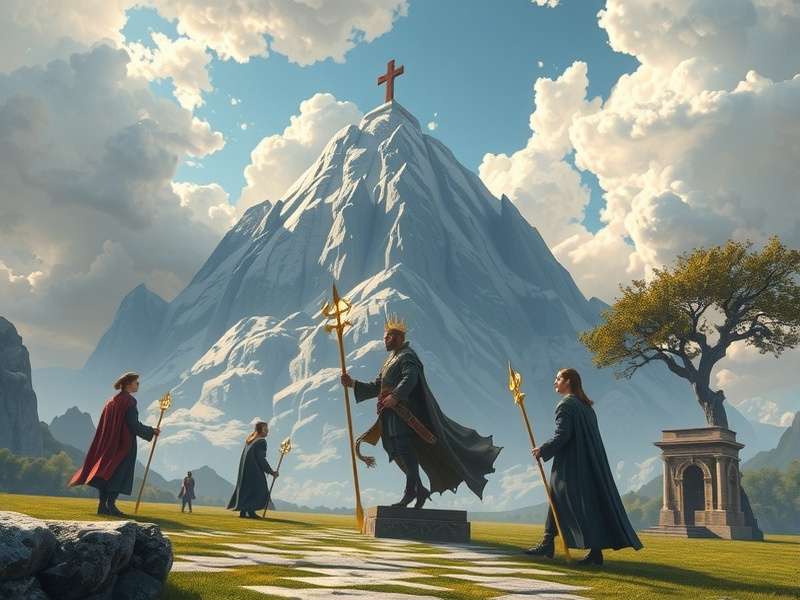 A dramatic landscape reminiscent of Westeros, with mountains and fog