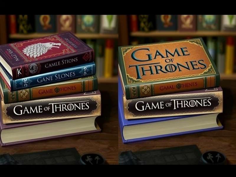 A complete collection of the Game of Thrones book series by George R.R. Martin lined up on a wooden shelf