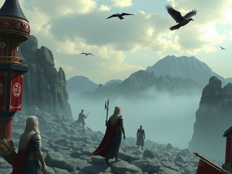 Game of Thrones landscape with dragon flying over mountains