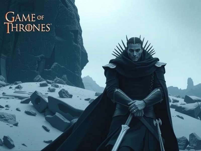 Game of Thrones characters assembled with the Iron Throne in the background