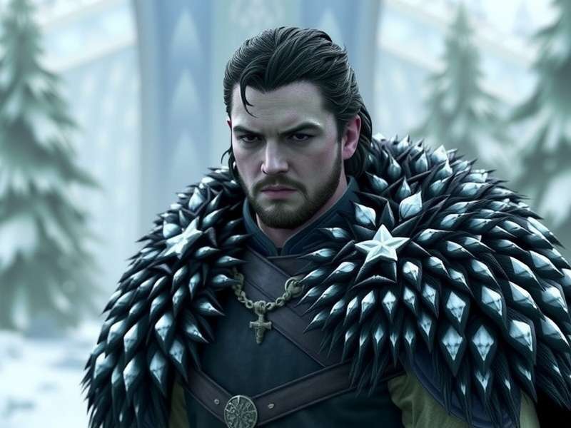 Jon Snow standing in the snow at Castle Black, holding Longclaw, with the Wall stretching behind him