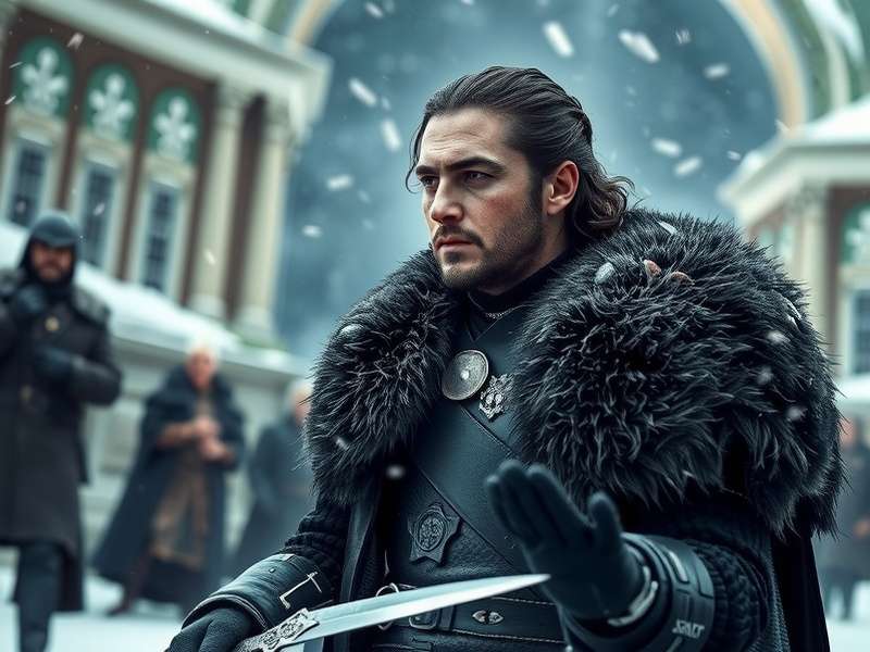 John Snow standing before the gates of Winterfell, clad in black fur, with Longclaw in hand.