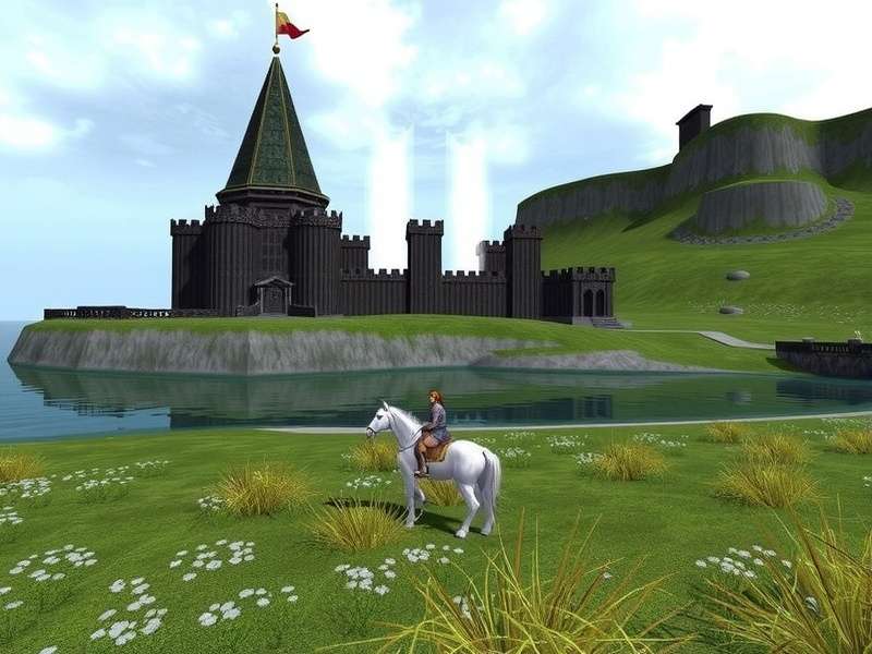 Epic landscape of Westeros with castle and dragons soaring above