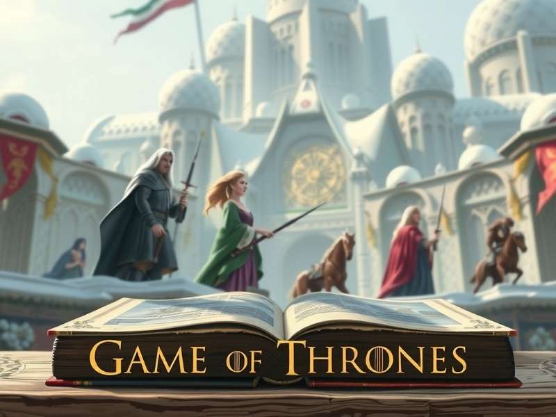 A collection of A Song of Ice and Fire book covers displayed on an ancient oak table, with a sword and raven feather.